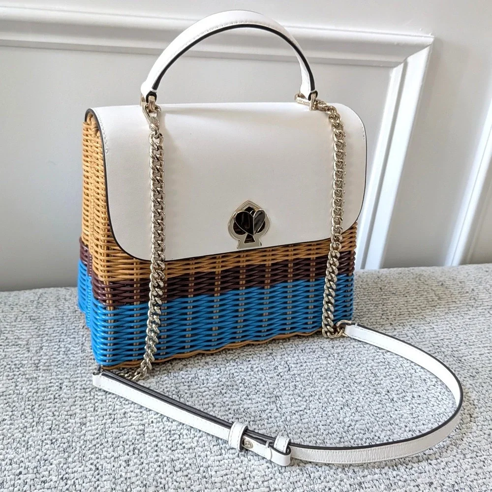 Kate Spade Romy Wicker Medium Top Handle Bag White Blue Woven